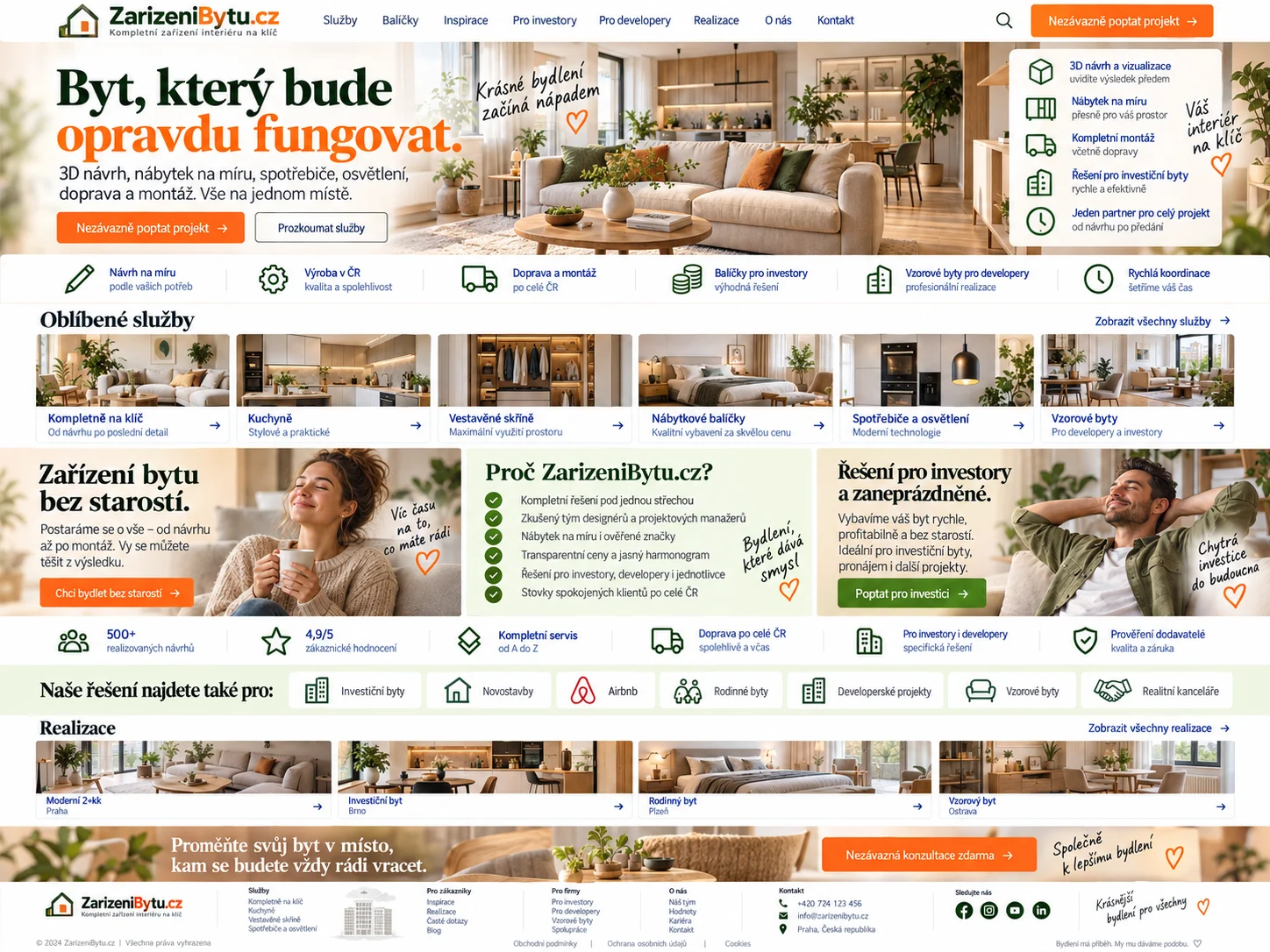 Ilustrační návrh zeleno-oranžového webu ZarizeniBytu.cz s moderním interiérem, službami a realizacemi